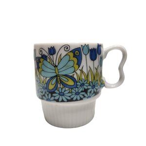 Vintage Stacking Mug MCM Floral  Butterfly Design Coffee Cup Made In Japan